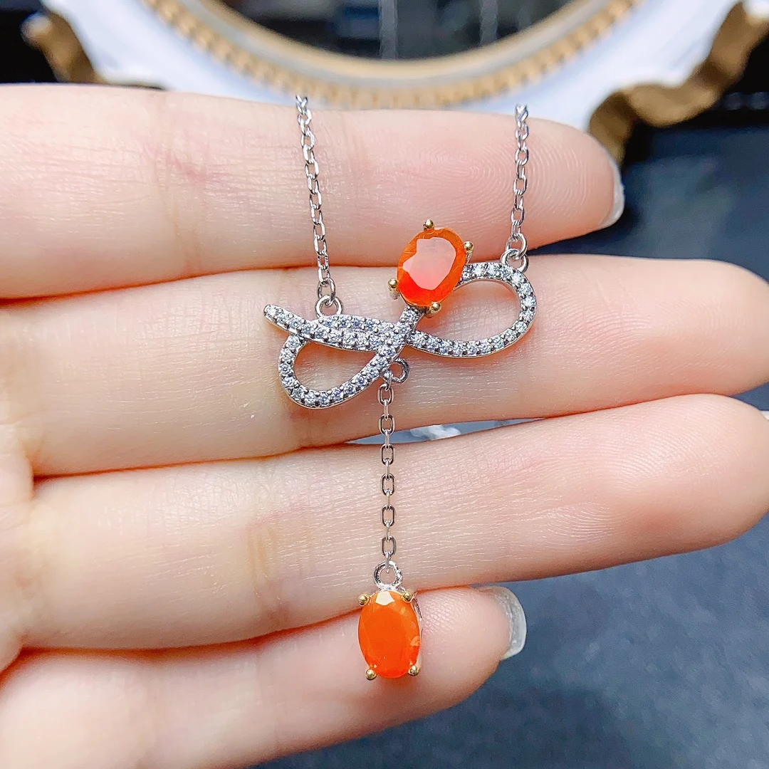 

Pure Real 925 Sterling Silver Bowknot Necklace Orange Fire Opal Bowknot Necklace For Women Engagement Birthstone Gift