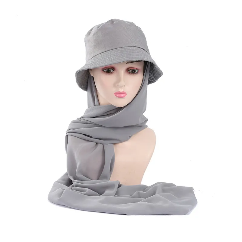

New Muslim Women Bucket Hat With Chiffon Hijabs Summer Sports Cap With Chiffon Hijab Ready to Wear Instant Hijab Islam Headscarf