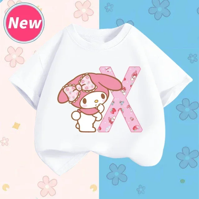 thumbnail image 1 of Camiseta de manga corta para niños con letras de la A a la Z de My Melody Anime, camiseta de algodón de verano para niños de Sanrio, regalo de cumpleaños kawaii suave con forma de corazón para niñas, 1 of 5