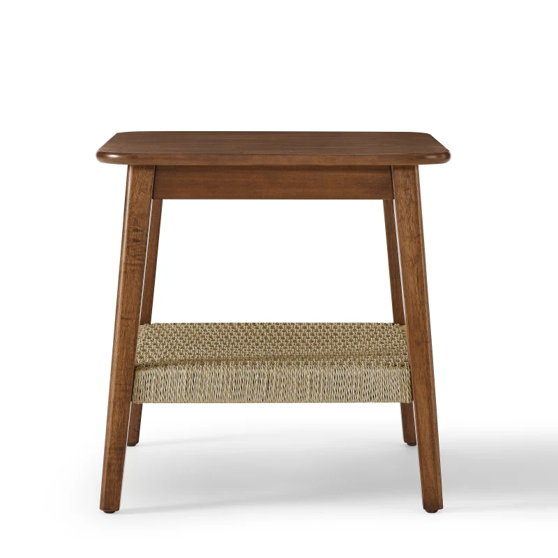 Mid-Century Side Table with Woven Shelf, Boho Side Table with Storage, Small Side Table for Living Room Couch Bedroom Patio 4
