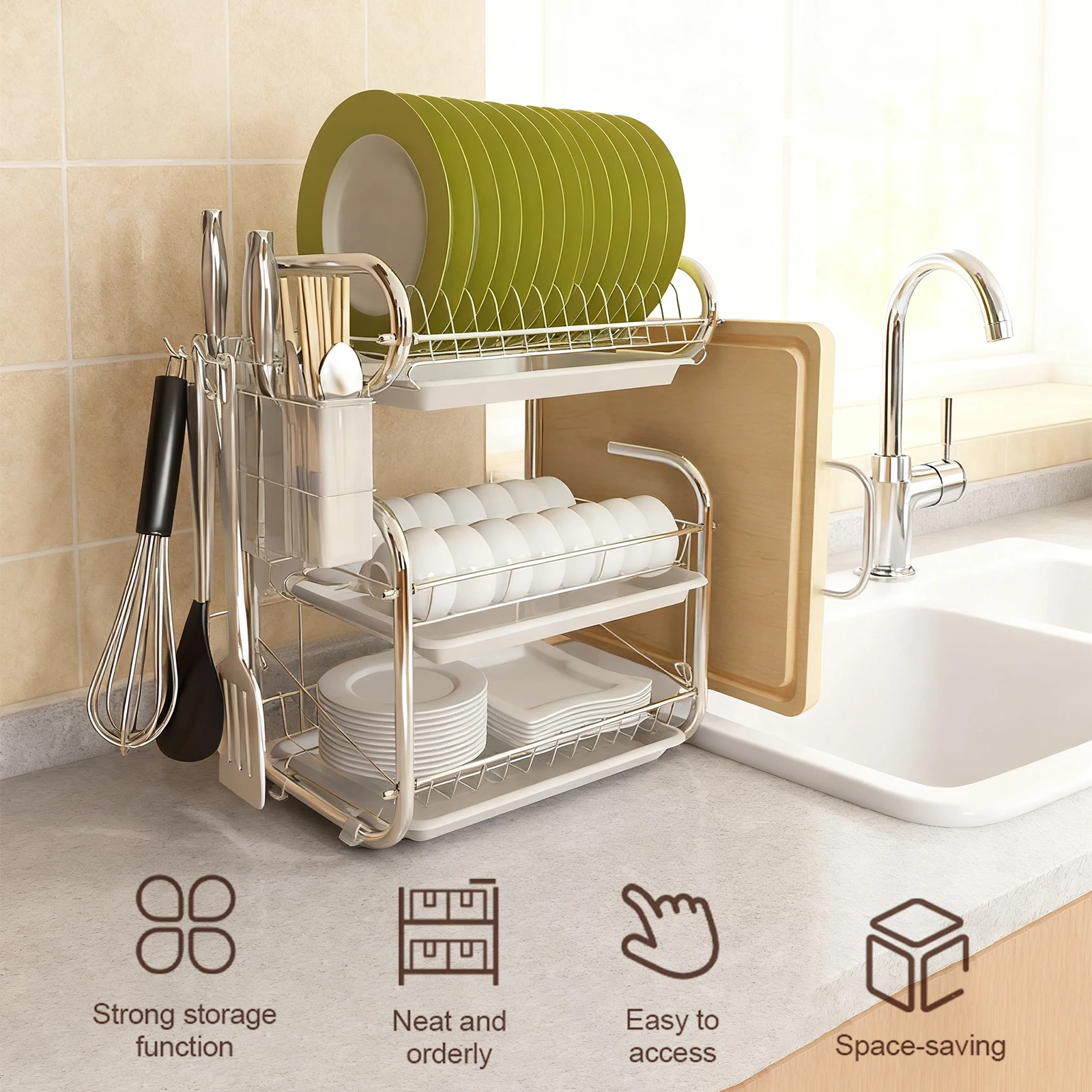 3 Tiers Dish Drainer Large Kitchen Organizer Multifunctional Countertop Dish Drying Rack Drain Rack for Bowls Plates Dishes