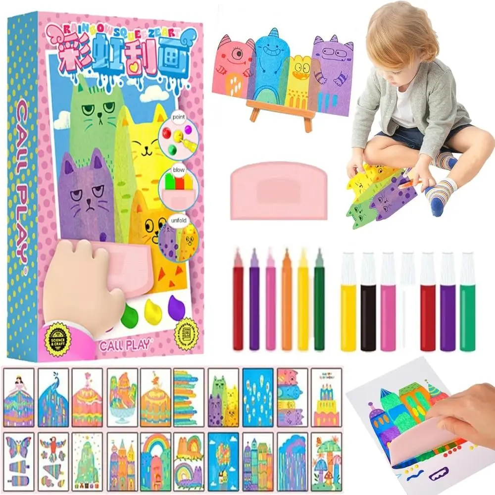 1Set Drawing Papers Squeegee Art Kids Paint Kit DIY Material Animal Pattern Color Scratch Painting Rainbow Dot 2