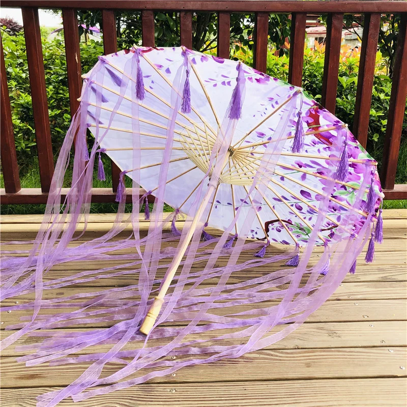 Purple Hanfu Oiled Paper Umbrella with Antique Tassels and Ribbons