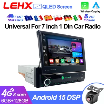 LEHX Radio Estéreo para Auto Universal de 1 DIN con Pantalla Táctil Retráctil Manual de 7 Pulgadas, CarPlay Inalámbrico, Android Auto, WiFi, GPS y Navegación 1