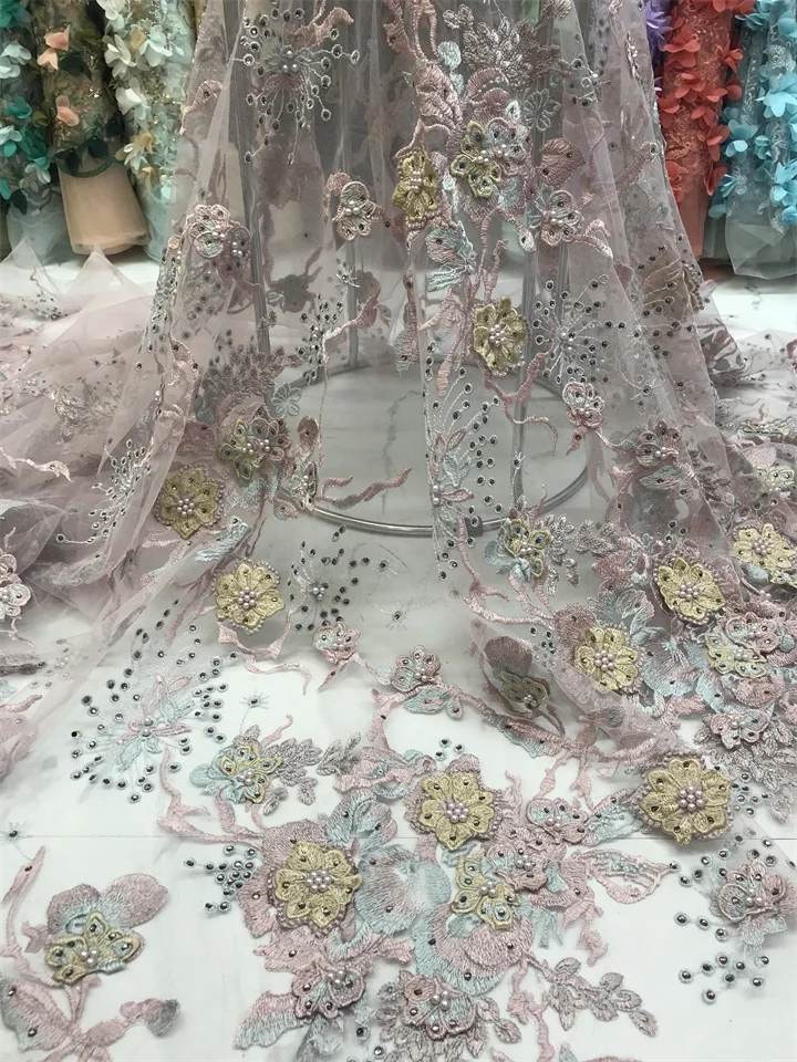 

Beads Lace Fabric High Quality Mesh Embroidery SYJ-13028415 Tulle Nigerian Lace Fabrics with For Bridal