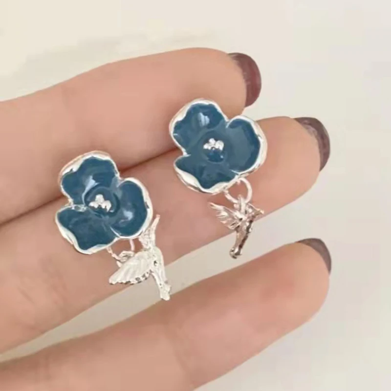 Fashion Silver Plated Blue Small Flower Shape Female Earrings Anniversary Gift Beach Party Jewelry Life Quality Working Noble