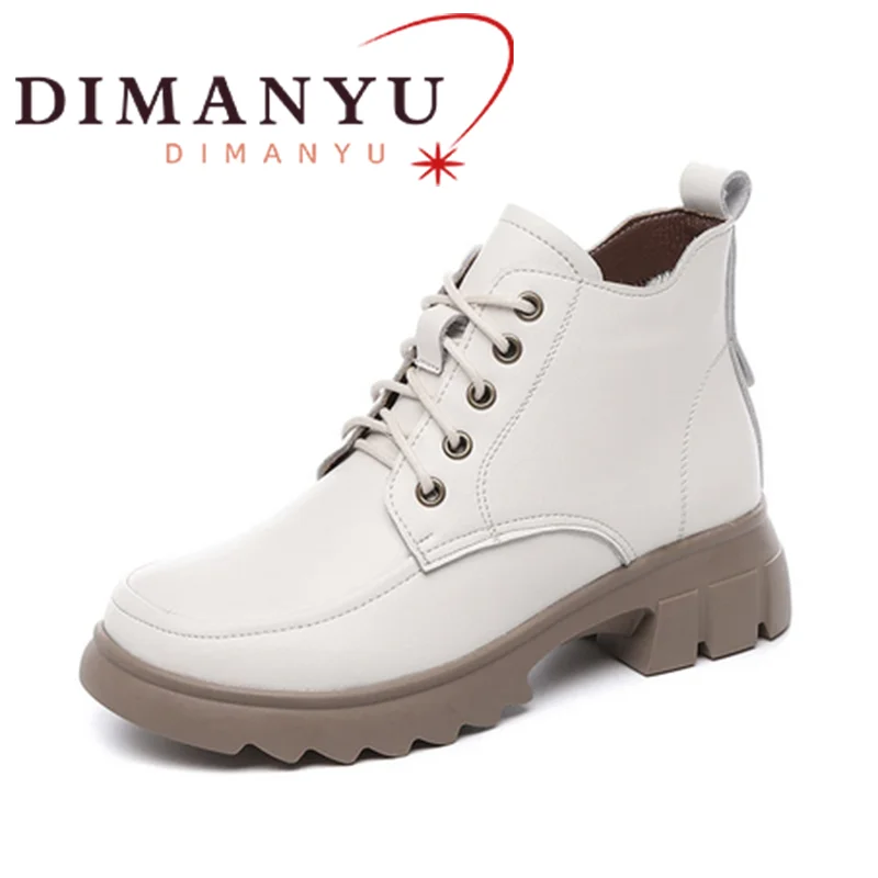 

DIMANYU Women's Ankle Boots British Style 2024 Winter New Genuine Leather Lace up Women's Boots Large Wool Women's Marton Boots