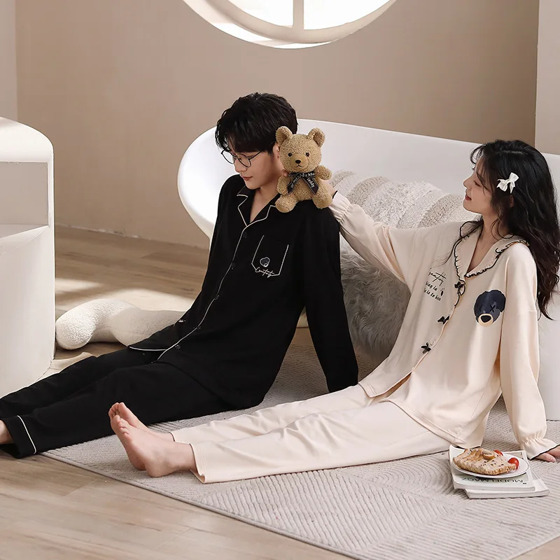 New Cartoon Pj Set 100% Cotton Homesuit Sleepwear Home clothes Long Sleeve Women Pajamas Couple Casual Loungewear Men Spring