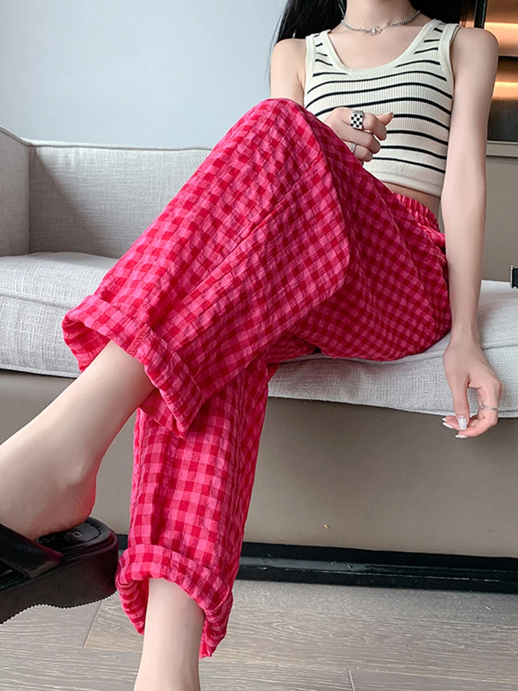 

Wide Leg Red Black White Plaid Pants Women Korean Casual Street Hipster Trousers Summer Cotton Linen Loose Capri Female