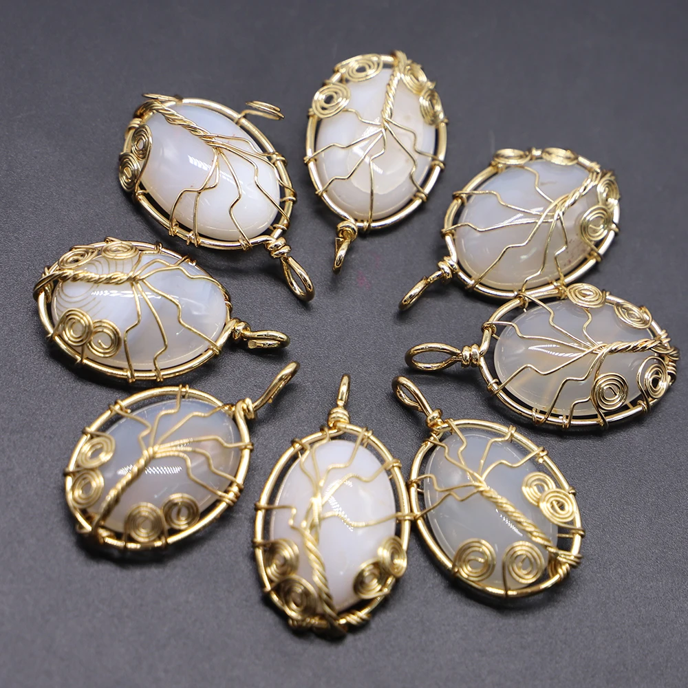 

New Fashion Natural Stone Pendant Necklace Gold Color Tree of Life Wire Wrap Egg Shape Reiki Charm Agate Jewelry Wholesale 6Pcs