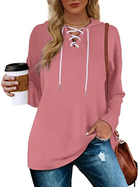 

Spring and Autumn Women's V-neck Drawstring Long Sleeve Hooded Pullover Sweater Top Fashion Casual Versatile Bottoming Shirt