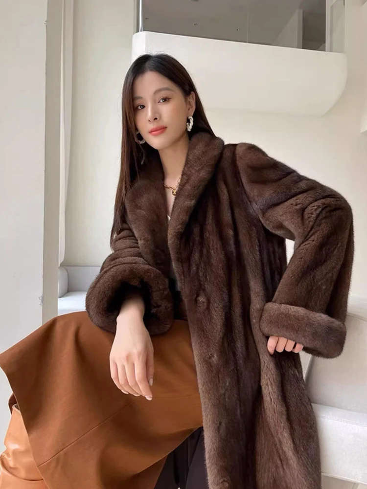High Quality Luxury Long Fur Coat Women Winter Thick Warm Furry Outwear Faux Mink Fur Coat Pocket Lapel Fluffy Overcoat Elegant