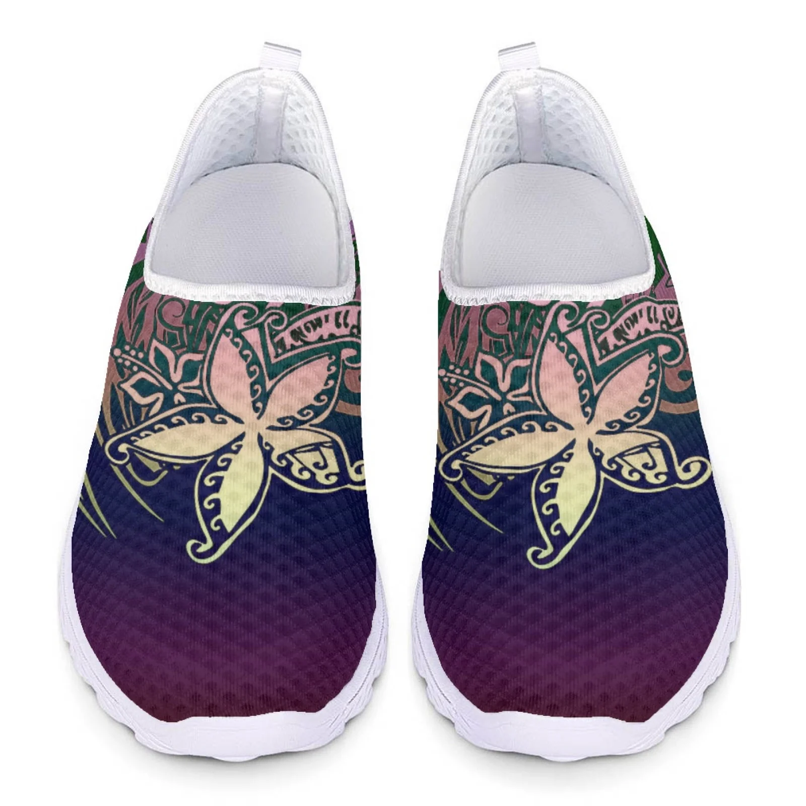 INSTANTARTS Tribal Polynesian Plumeria Flower Prints Flat Shoes for Women Light Slip-on Casual Loafers Summer Cool Mesh Sneakers