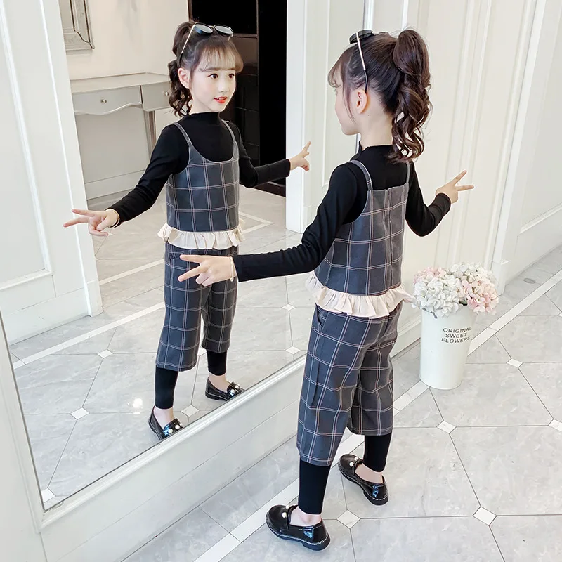 

Girls Clothes Spring Autumn Teens Children Clothing Set Fashion Kids Vest + Tops + Plaid Pants 3pc Suit 4 6 8 10 12 14 Years Old