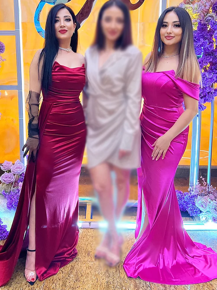 Romagic Burgundy Stretch Satin Wedding Party Bridesmaids Prom Gown Strapless Padded Backless Split Ribbon Women Evening Dress