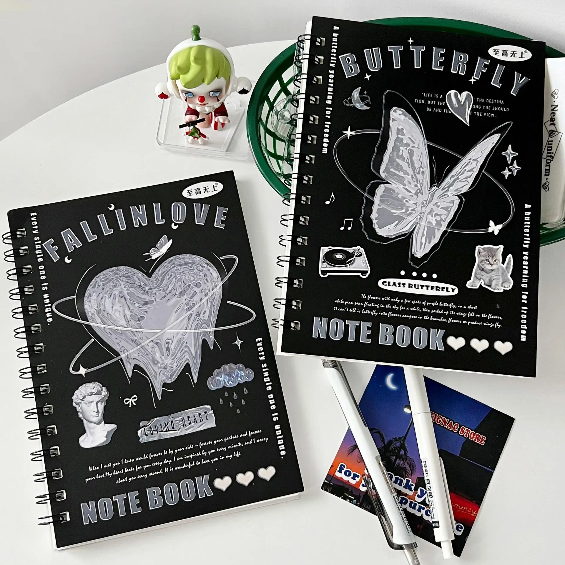 

A5 Black Color Fashion Notebook for Girl Sweet Retro Heart Butterfly Style Scrapbook Journal Student Horizontal Line Notepad