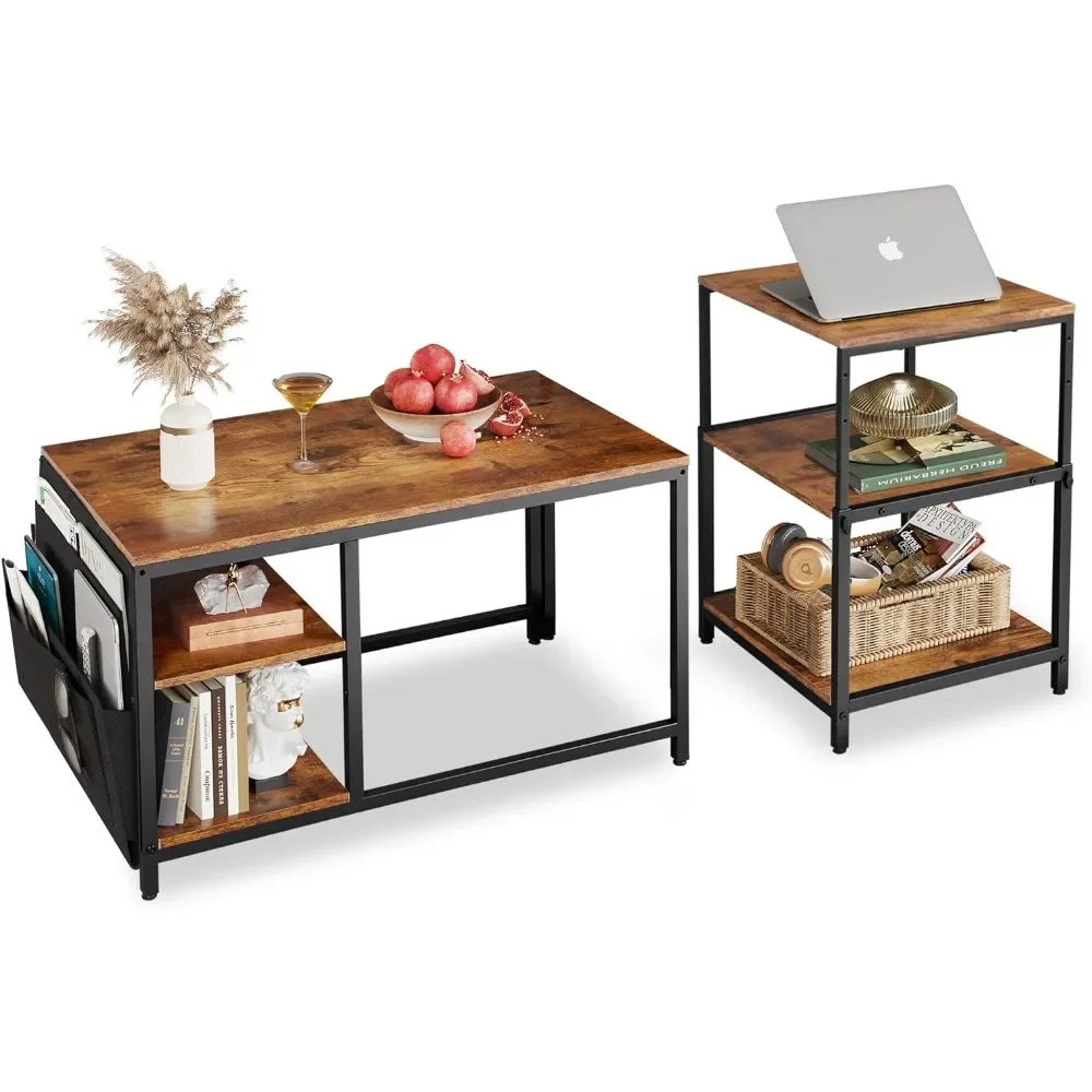 Coffee Table for Living Room,Adjustables Coffee Table Set of 2 with End Tables,Small Industrial Tables with Side