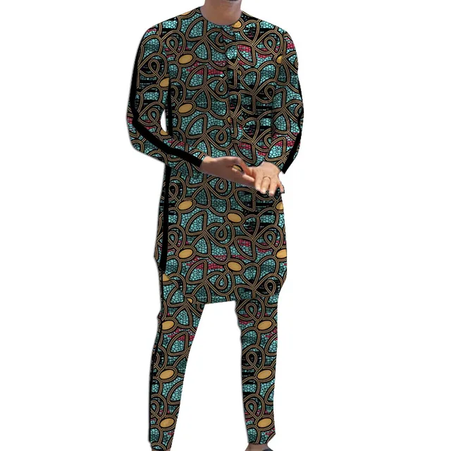 Abito da sposo con striscia nera Camicie + pantaloni con design patchwork Set di pantaloni da uomo stampati African Couture 4