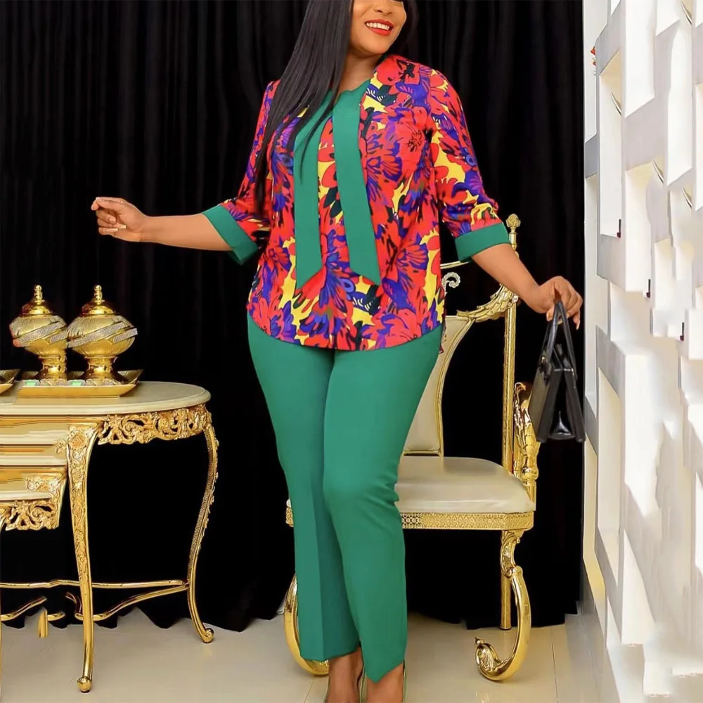 

Fashion Ladies Office 2 Pieces Sets Autumn Fall Printed Blouse & Long Trousers Elegant Formal Business Work Wear Outfits Sets ol