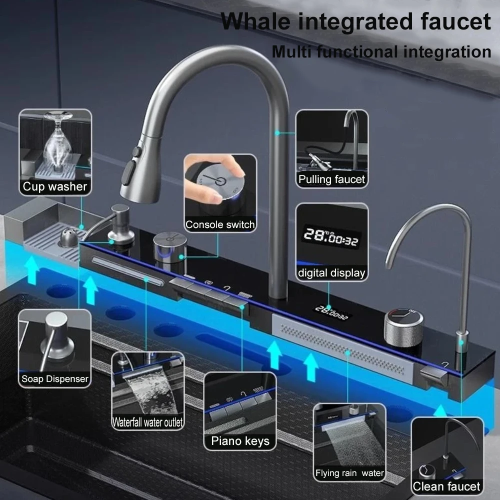 Sink Waterfall Kitchen Sink Large Single Slot Integrated Digital Display Faucet Set Kitchen Utensils Set Cold Hot Water Mixer 2