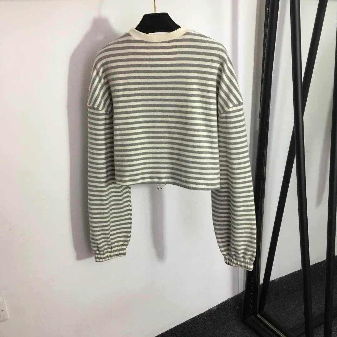 

Pre Autumn New Drop Shoulder Design Drawstring Short Round Neck Striped Top