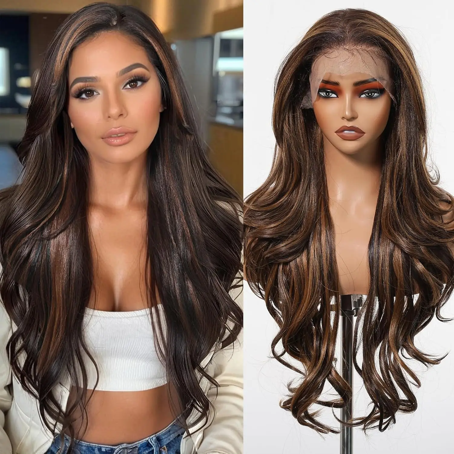 Long Curly 13*6 Lace Front Wigs Dark Brown Highlight Synthetic Wig with Baby Hair Heat Resistant Daily Lace Wig for Afro Women