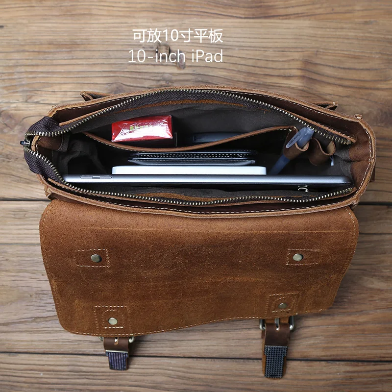 NZPJ Retro Leather Men's Mailman Bag Crazy Horse Men's Bag Top Layer  Cowhide Shoulder  Bag Casual Handbag For 10-Inch IPad
