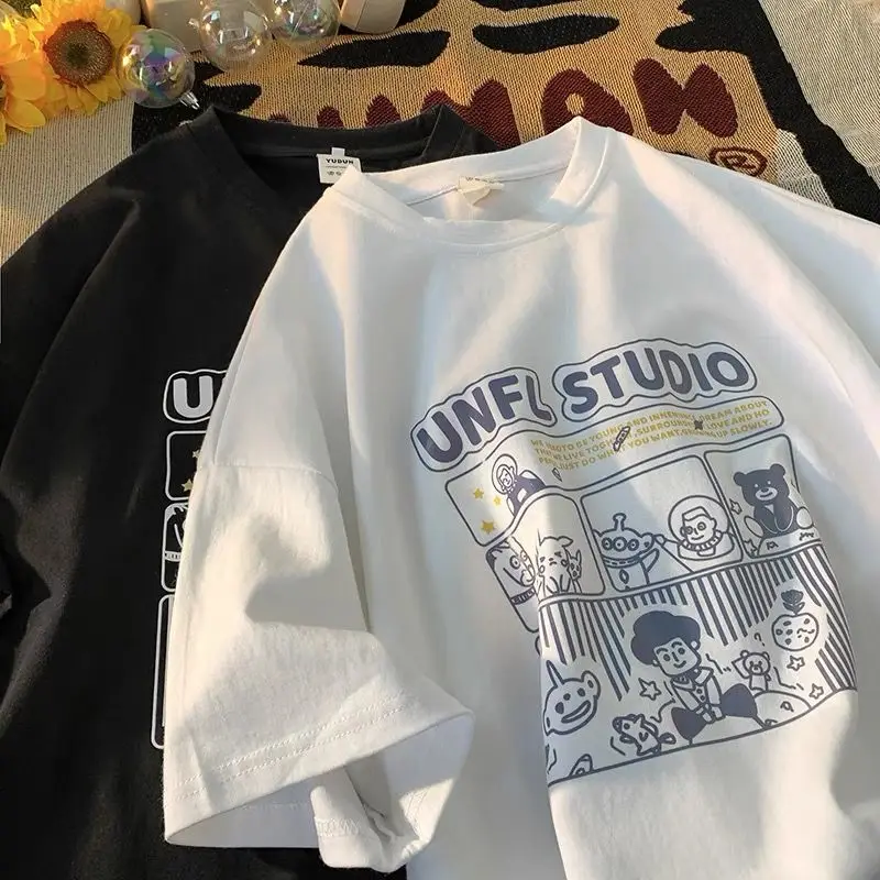 

Summer Couple T-shirt Hong Kong Style Cartoon Graphic Printing High Street Hip-hop Casual All-match O-neck Women Short Sleeve