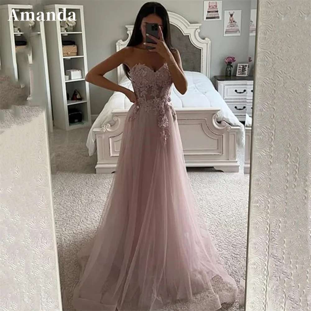 Amanda 2024 Princess Pink Lace Embroid Vestido De Novia Puffy Sleeve A-line Evening Dress Sweetheart 3D Flower Prom Dress 2024