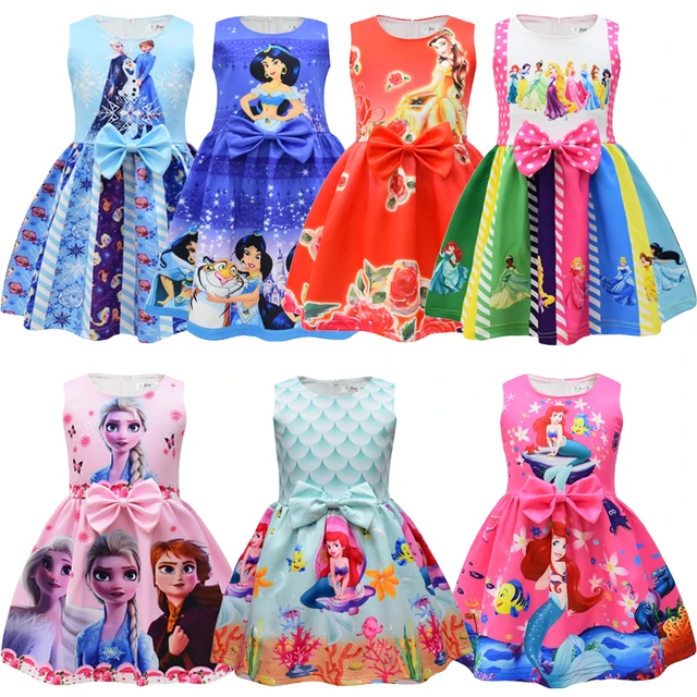 Robe princesse Disney pour filles, jupe à manches courtes, dessin animé,  Elsa, sirène, Ariel, vêtements d'été mignons, enfants, tout-petits, bébé -  AliExpress