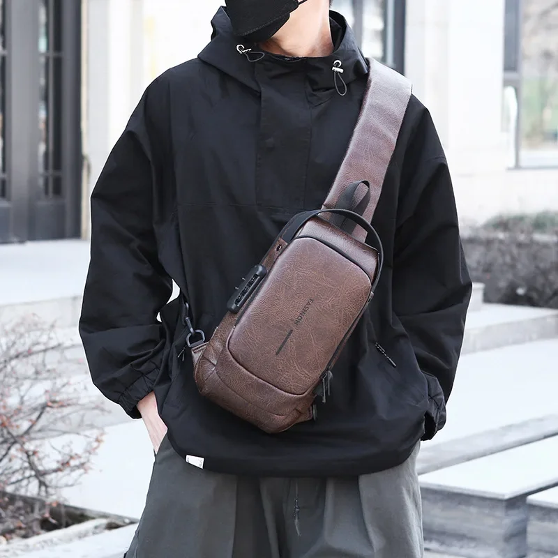 Men's Solid Color Oxford Cloth Crossbody Bag with Top Handle Featuring Sewing Thread Detail main image 0