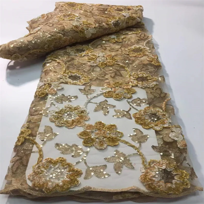 

New Hot Sale African Sequin Embroidered Lace Fabric Soft and Warm French Sequined Voile Lace Fabric Nigerian Party Wedding Gold