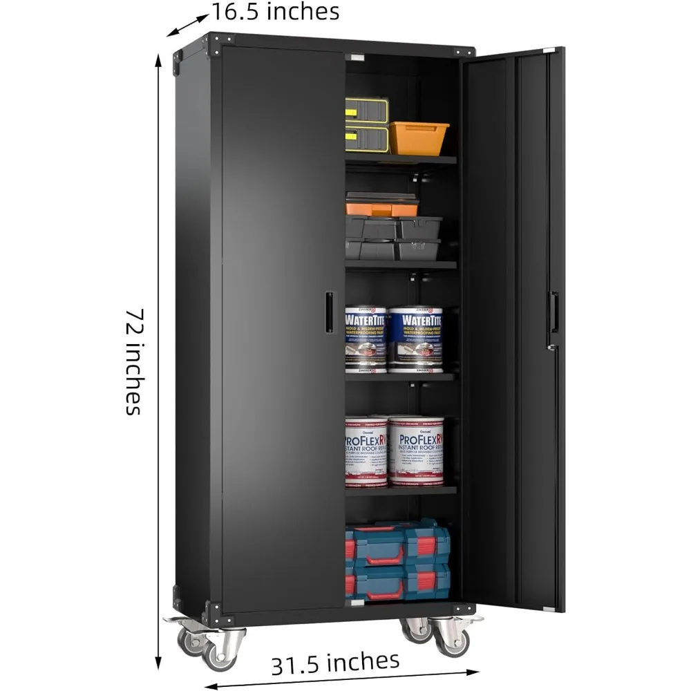 72 Inches Metal Garage Storage Cabinet with Wheels, Locking Metal Storage Cabinet with 4Shelves 3