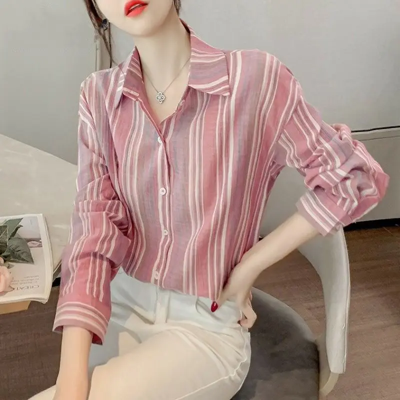 

Fashion Striped Shirt Women's 2023 Spring New Long-sleeved Loose Thin Shirt POLO Collar Single-breasted Commuter Korean Version