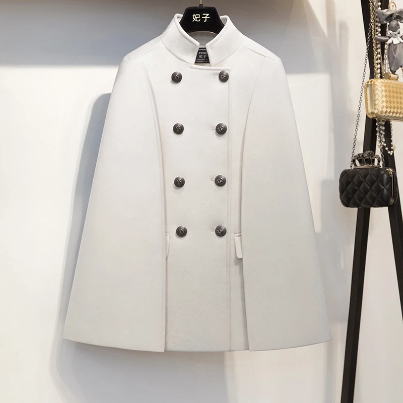 Fashion Gentle Solid Color Stand Collar Cape Woolen Coat 2023 Autumn and Winter Slimming Retro Style Shawl Woolen Coat
