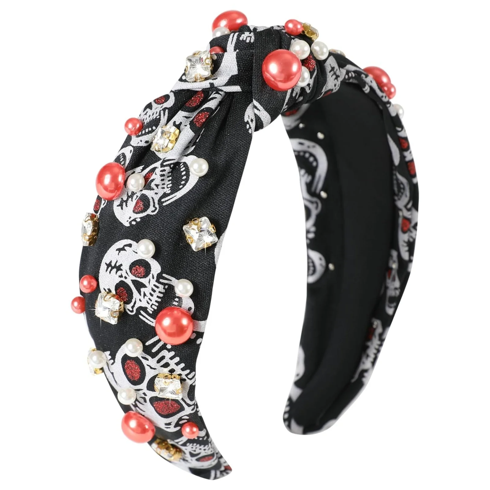 1PC Halloween Themed Headband: Skull Print, Pearl & Rhinestone Embellishments, Unique Hair Accessory