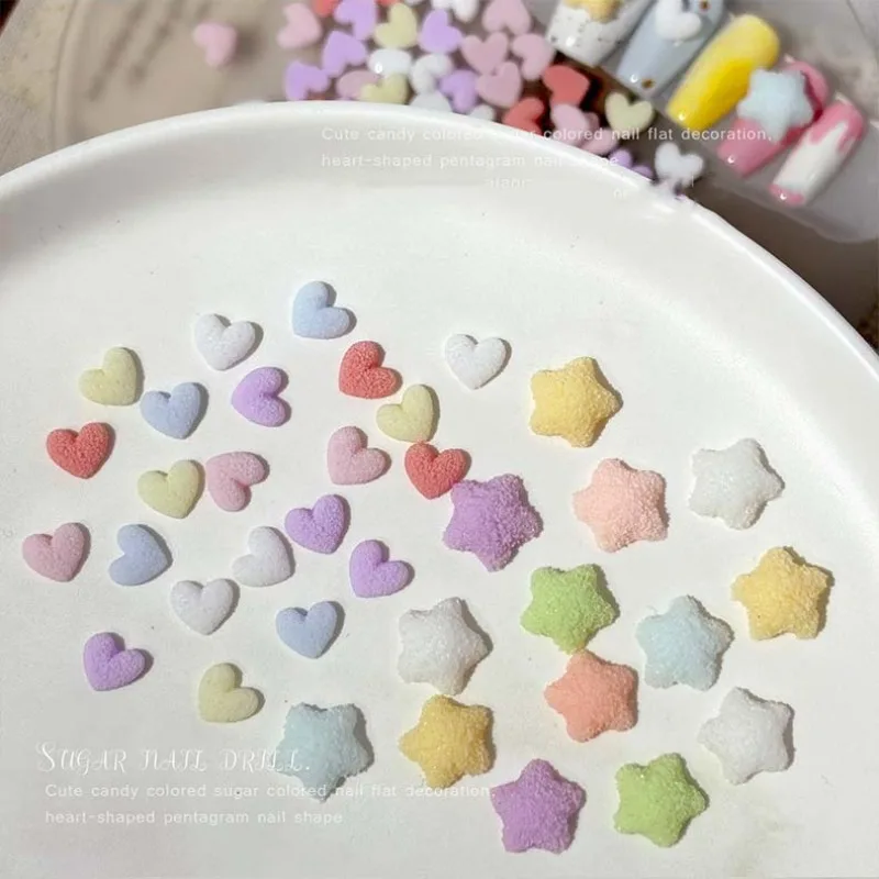 캔디 컬러 프로스티드 하트 & 스타 네일 참, 설탕 질감 레진 라인스톤, 플랫 백 3D 네일 아트 장식 DIY 매니큐어용
