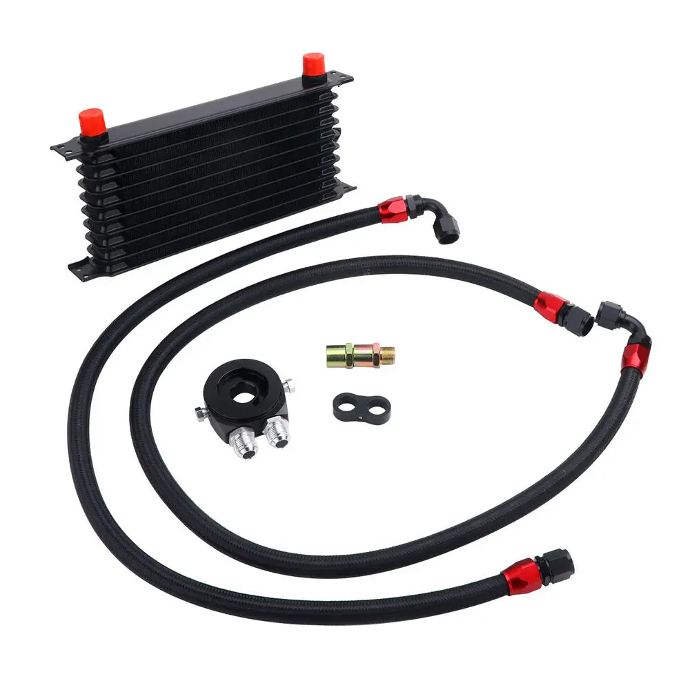 Car Universal 10 Rows AN10 Oil Cooler + Oil Filter Sandwich Adapter + Stainless Steel Braided AN10 Hose for Cooling System Parts oil cooler kit