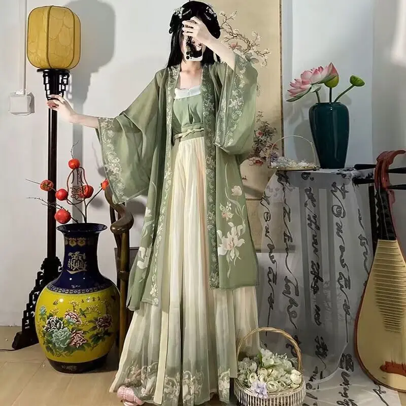 Hanfu 여성 중국 전통 코스프레 의상 고대 노래 왕조 Hanfu 드레스, 봄 여름 3 피스 그린 세트 플러스 사이즈 XL