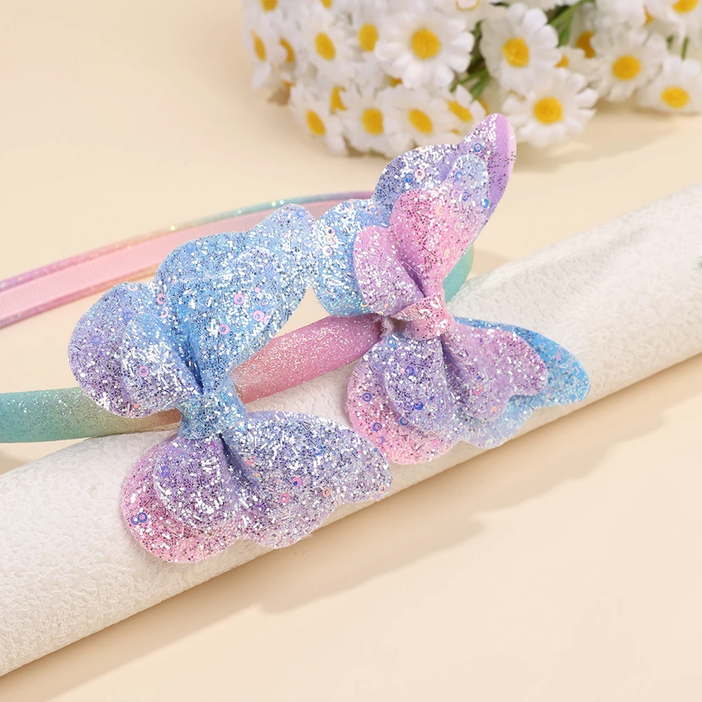 Gradient Butterfly Headband For Girls Sparkling Rainbow Princess Hair Hoop Birthday Party Princess Dress-Up Hair Accessories