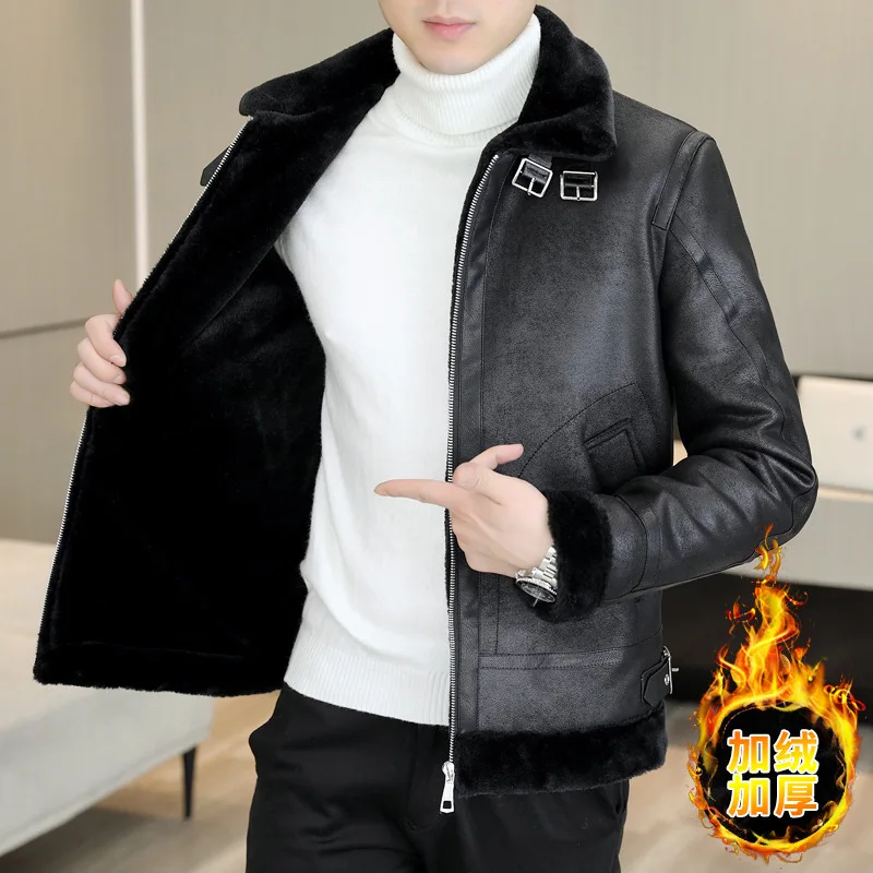 2023 Winter Fur Leather Jacket Men Lapel Motorcycle Jacket Plus Velvet Padded Warm Casual Streetwear Social Coat Men Clothing