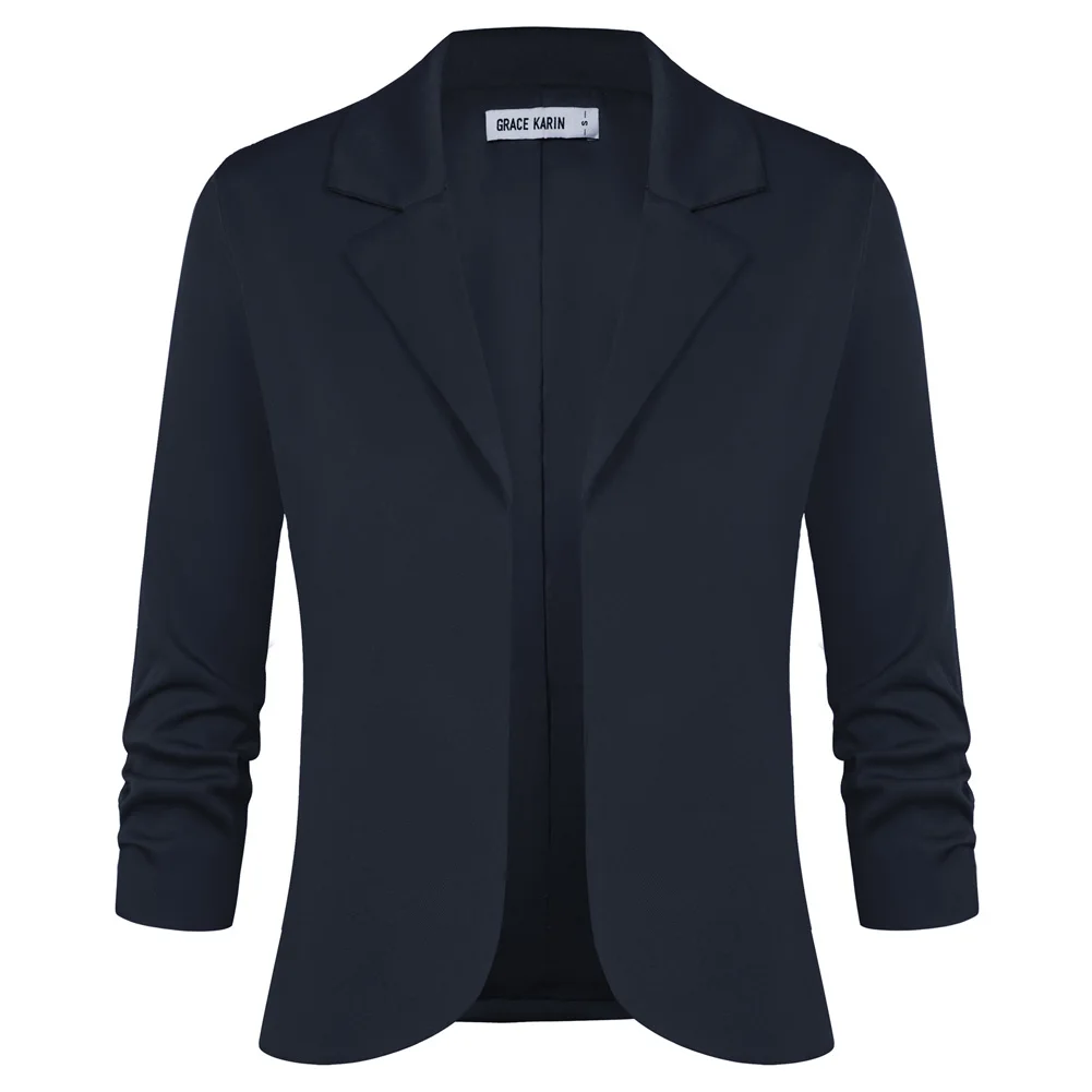 GK Fashion Women Cropped Blazer Coat 3/4 Ruched Sleeve Open Front Irregular Hem Coat Work Croppped Cardigan Office Lady Workwear