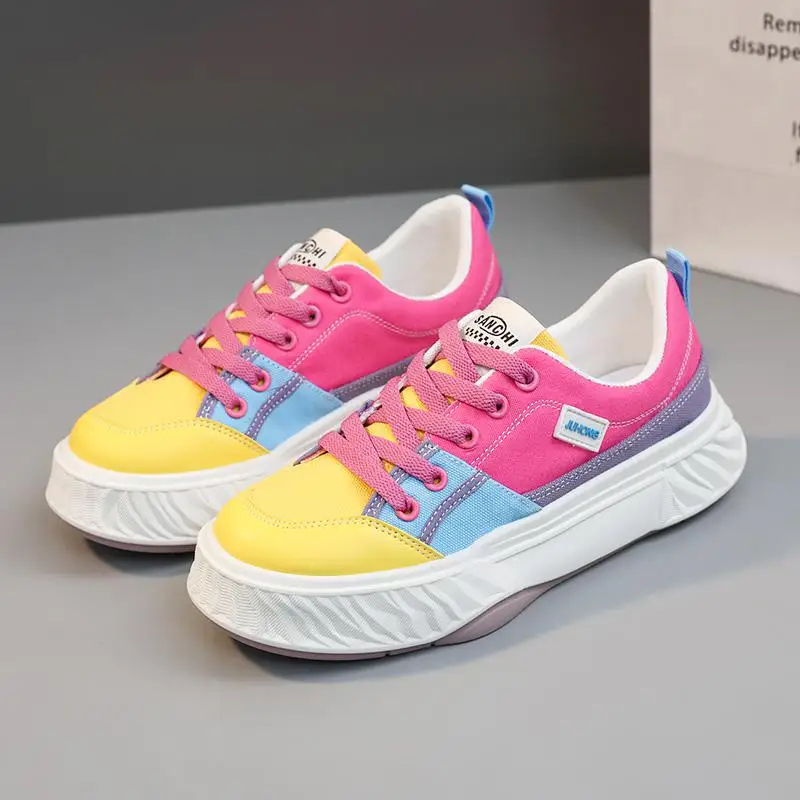 

Small white shoes Autumn models with color blocking breathable rainbow canvas shoes sports leisure board shoes
