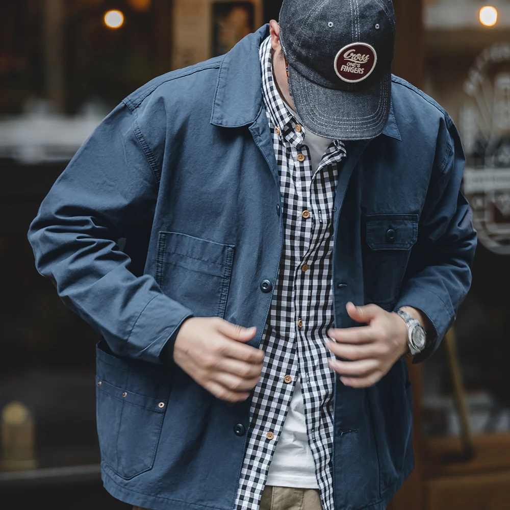 Maden Navy Vintage Jacket Men Turn-down Collar Hunting Tops Multi-Pocket Coat Men's Spring and Autumn Workwear Jacket 3