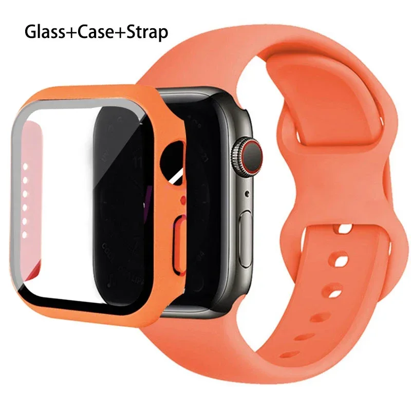 Premium Silicone Apple Watch Band with Glass Case and Strap - Compatible with All Series