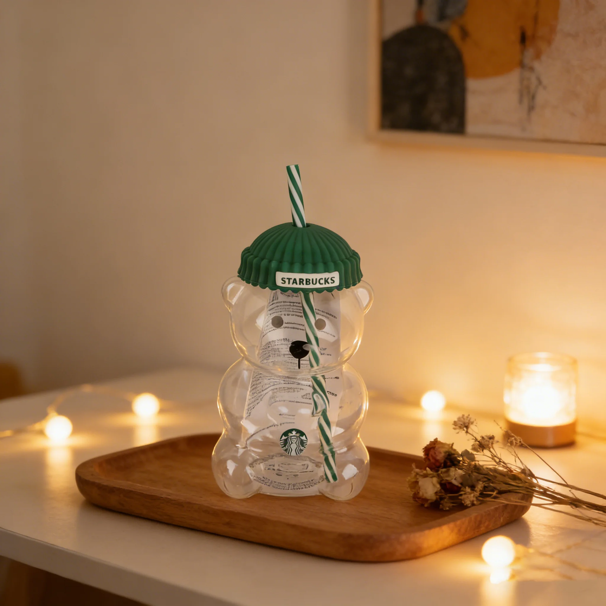 Bearista Bear Straw Tumbler - 591ml Clear Glass with Green Lid