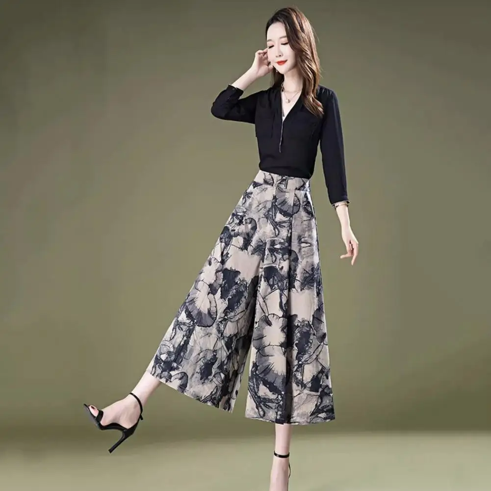 

Elderly Women Pants Retro Print Wide Leg Women's Skirt Pants with High Waist A-line Design Ankle Length Ninth Pants for Mid-aged