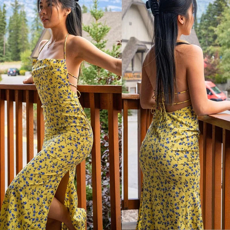 Fashion Summer New 2026 Women's Suspender U-neck Sleeveless Dress Elegant Backless Lace-up Sexy Split Flower Slim-fitting Dress