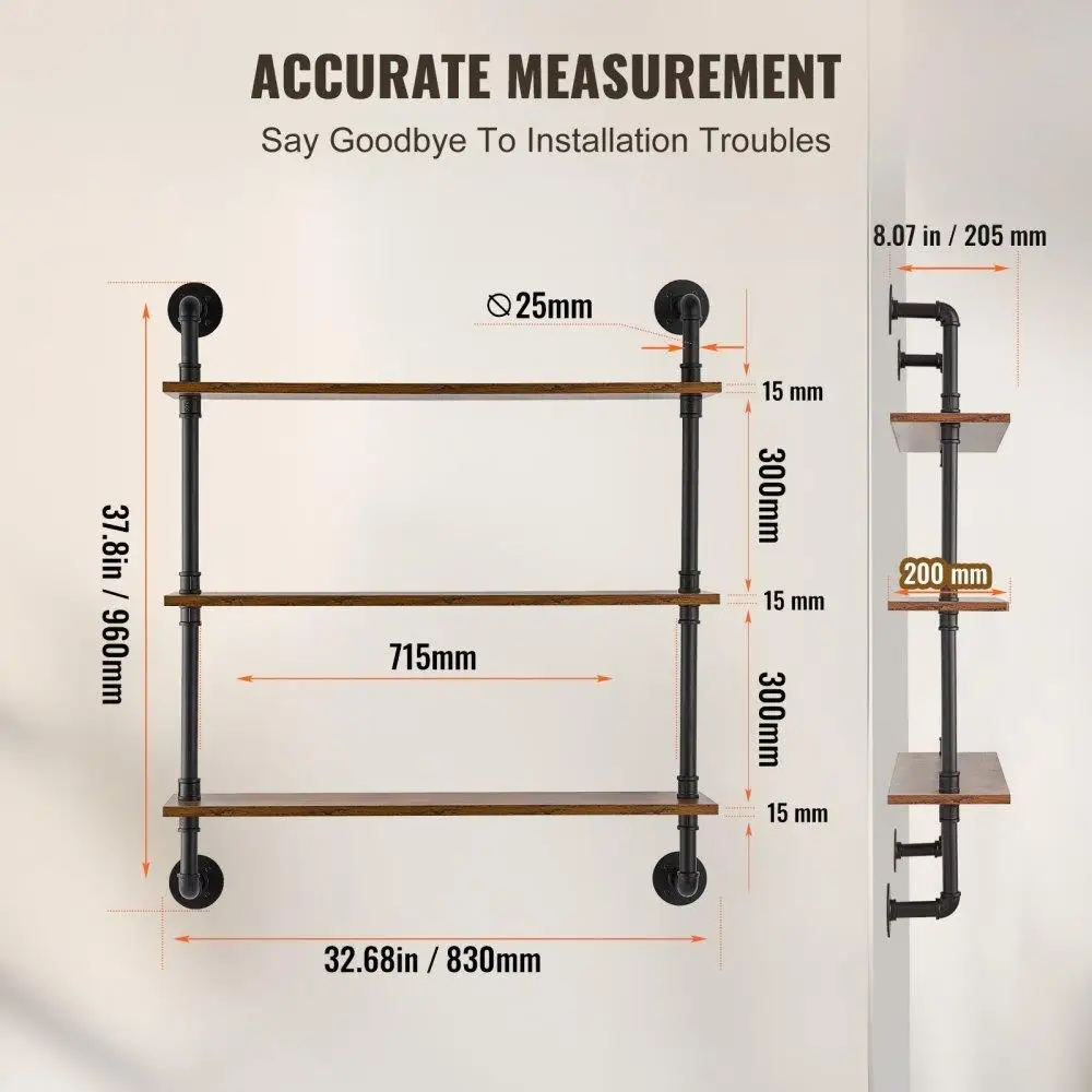 Industrial Pipe Shelf 3 Tier 32x7.87in Wall-Mount for kitchen Bedroom 6