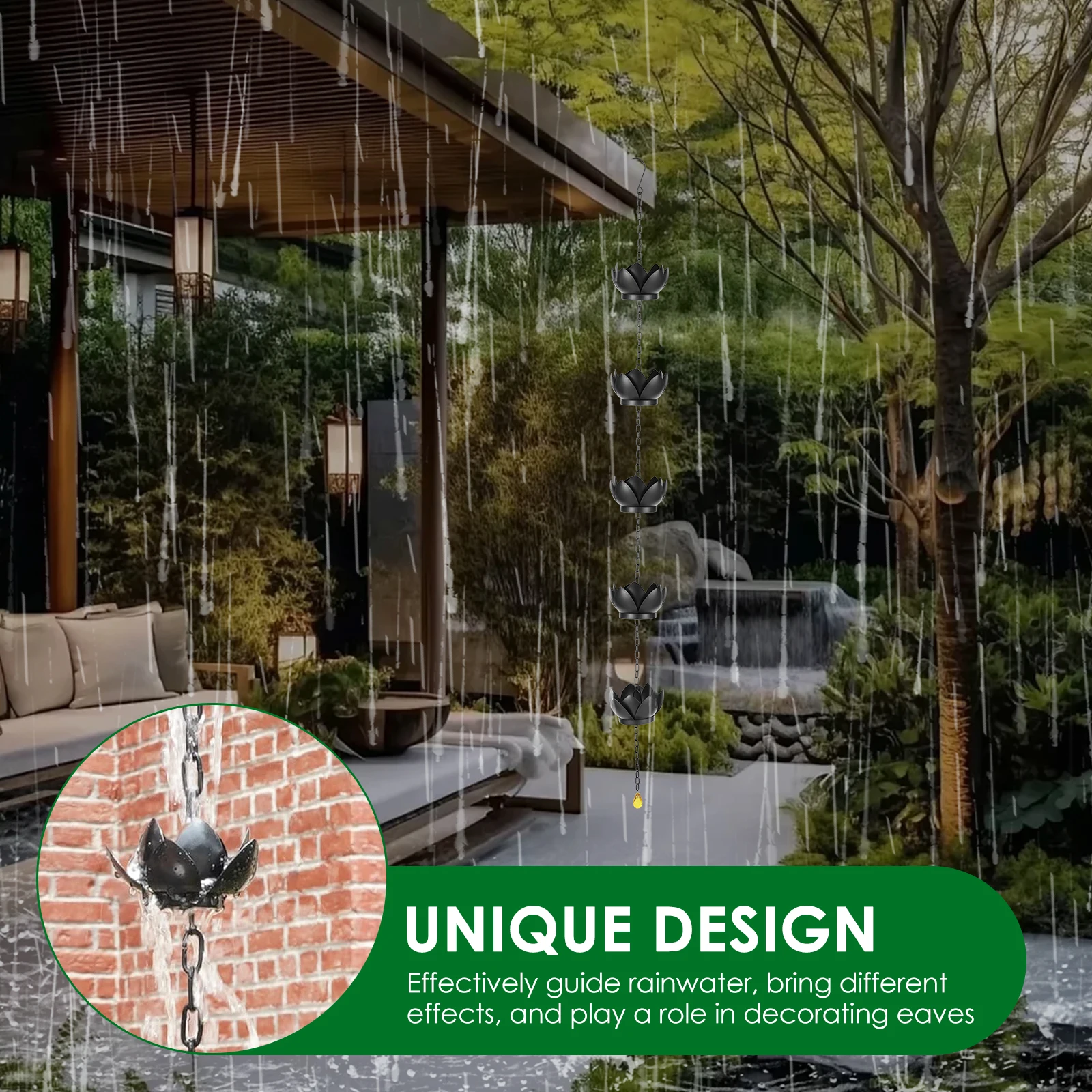Rain Chain Adapter Unique Rain Chains 3.28 to 3.97ft Iron Rain Catcher Chain for Gutters Outdoor Decorative Hanging Chain with Relaxing Water Sound